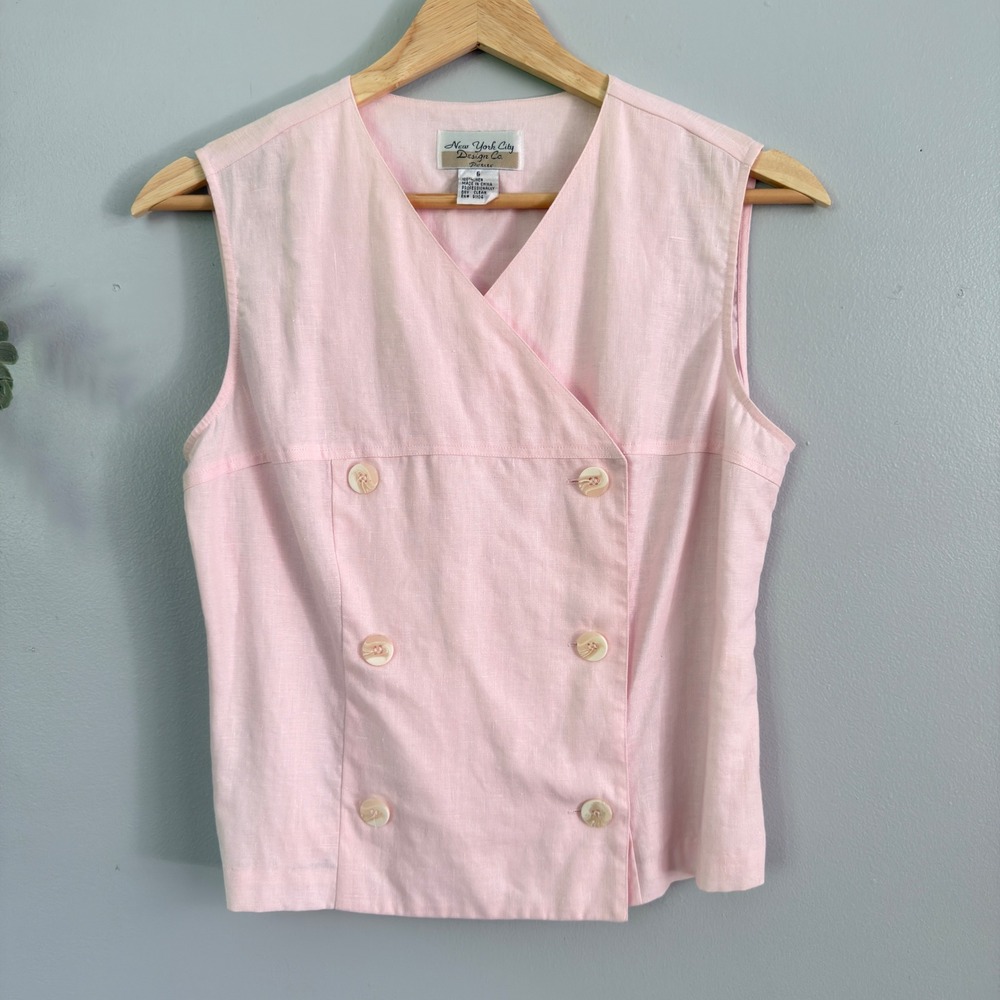 New York City Design Co Pink Vest 100% Linen Double Breasted Petite 6
